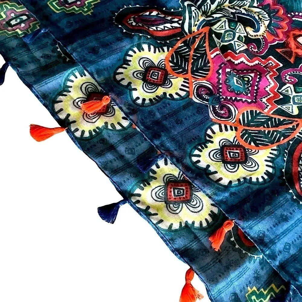 Paisley Print Scarf Aztec Accents Fringe Navy Multicolored Long 36” x 70” New!